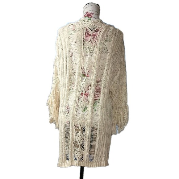 Jessica Simpson XS Oversized Fringed Duster Creme Ribbed Knit Boho Cowgirl - Picture 8 of 9